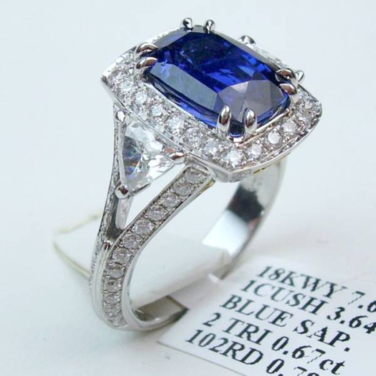 GIA Certified Blue Sapphire & Trillion Diamond 3 Stone Ring in 18K – ASSAY