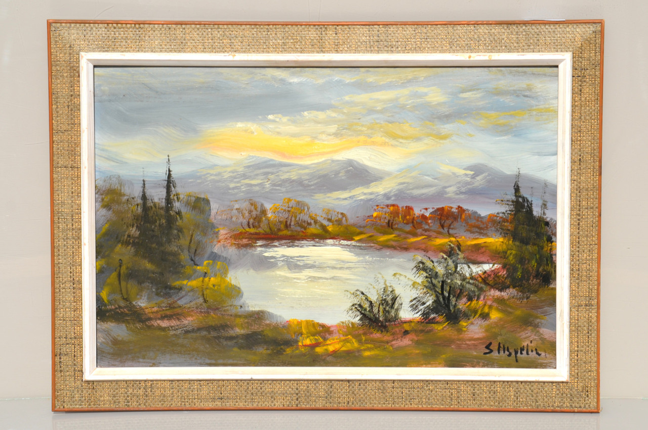 Vintage Oil On Board Lakeside Mountain Landscape Painting Signed S.H.1960s