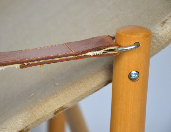 Vintage Safari Chair Model Junker By Bror Boije For Dux, 1960s, Sweden, Beechwood And Canvas, Leather Armrests