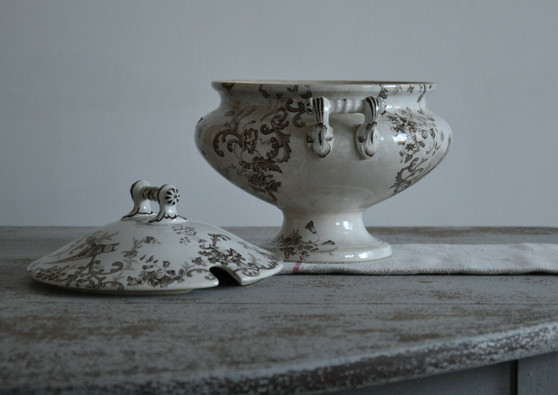 Antique Porcelain Tureen Bowl White And Brown Nankin Gustafsberg Sweden 1900s