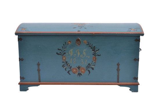 Antique Swedish Folk Art Blue Painted Wedding Chest, 1837