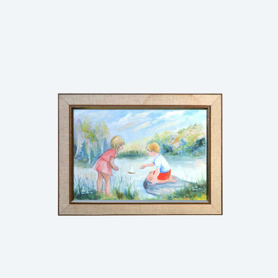 Mid 20th Century Landscape Oil Painting on Canvas The Children Summer Framed