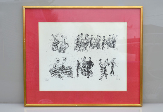 Vintage Lithography Figurative Composition Of Salsa Dancers, Signed By Song 1950