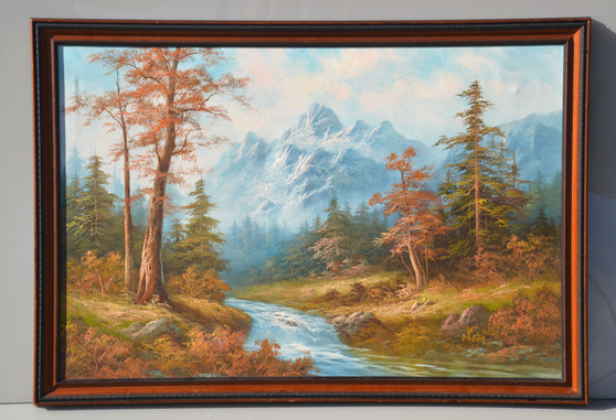 Vintage Oil On Canvas Landscape Mountain Perspective Painting By Gullen 1950s