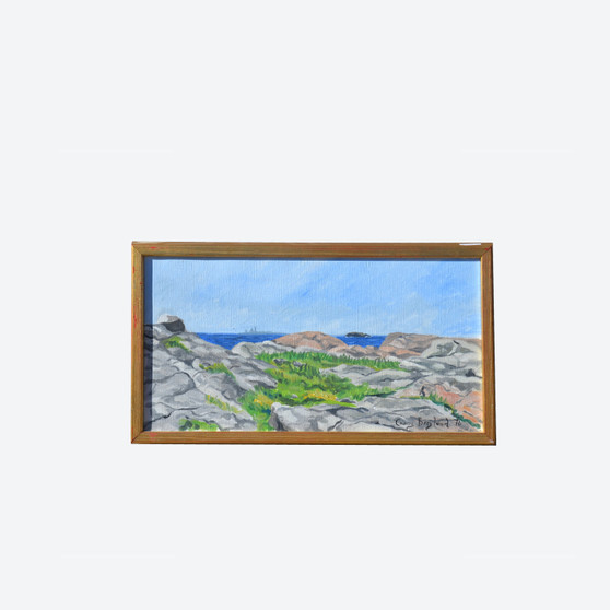 Small Vintage Oil On Canvas Seaside Stone Coast Painting By Conny Berglund, 1976