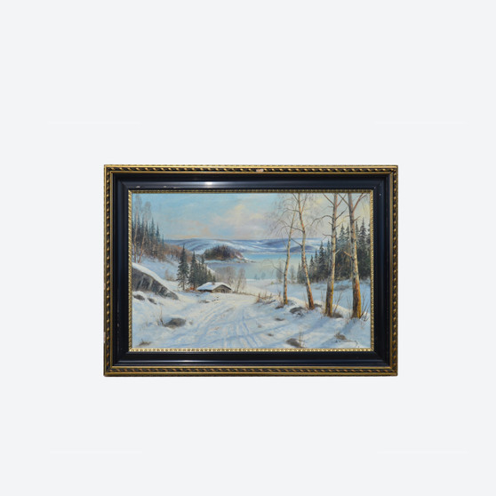 Large Antique Oil On Canvas Lake Snow Landscape Painting By A. Wennerberg 1900s