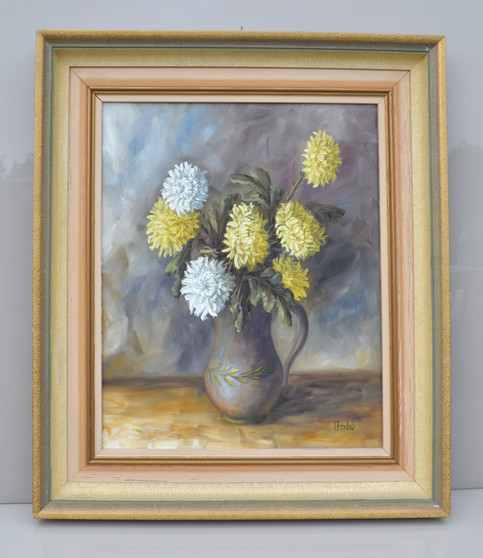 Danish Vintage Oil On Canvas Flower In Vase Still Life Painting By André 1950s