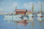 Scandinavian Mid 20th Century Oil Painting By A.Nilsson, Sea Sailing Boat In A Fishing Village