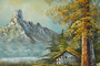 Vintage Oil On Canvas Mountain Lakeside Landscape Painting By Artist 1960s