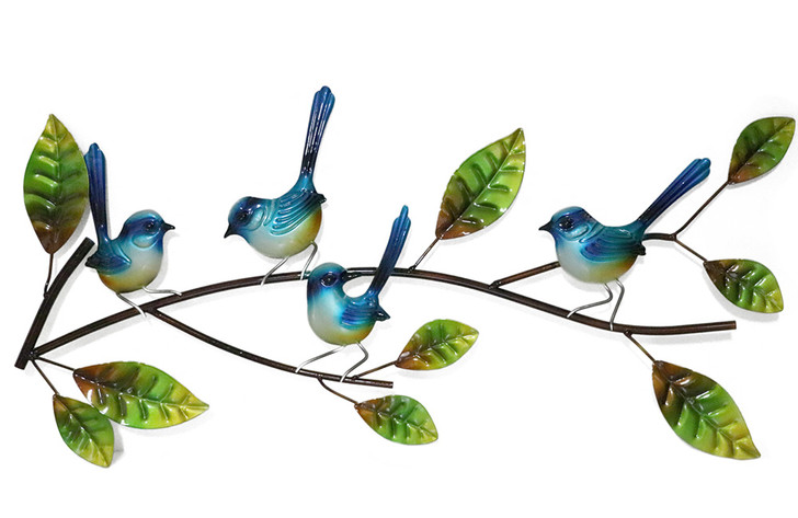Perched Blue Wrens On A Branch Metal Wall Art 67cm