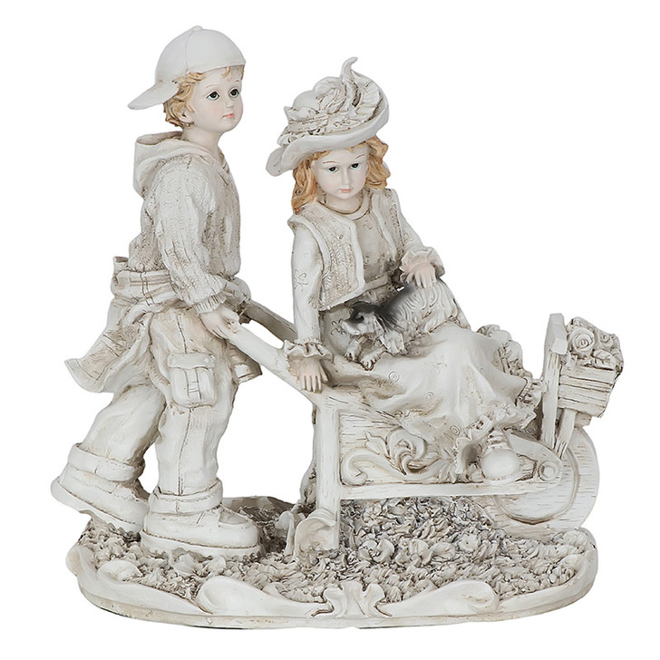 Boy And Girl In Cart Statue 31cm