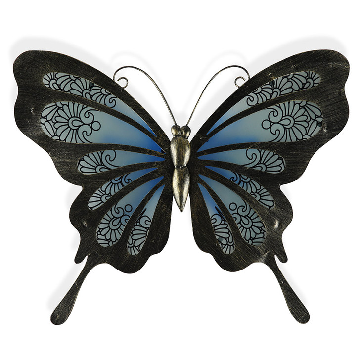 Blue Glass Butterfly Hanging Metal Wall Art 43cm