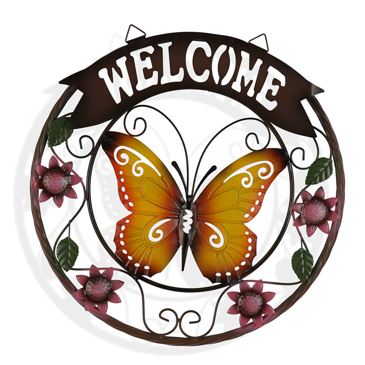 Welcome Orange Butterfly Metal Wreath 40cm