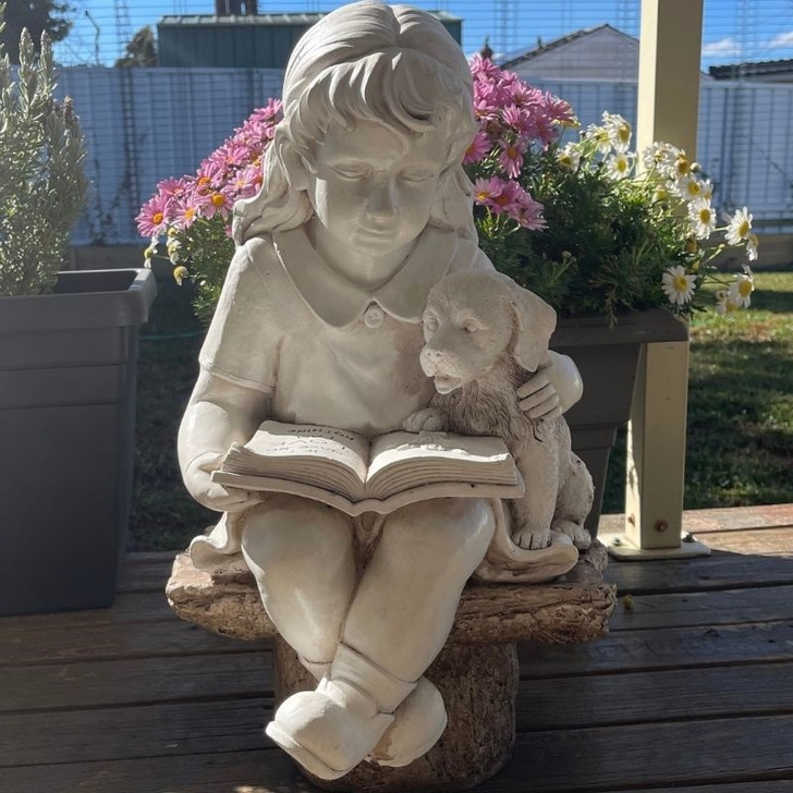  Girl reading to her dog garden statue 55cm