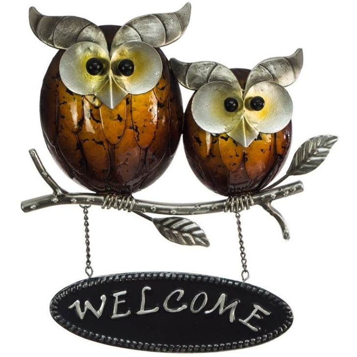 Owl Pair Golden Brown Metal Art Welcome Sign 27cm