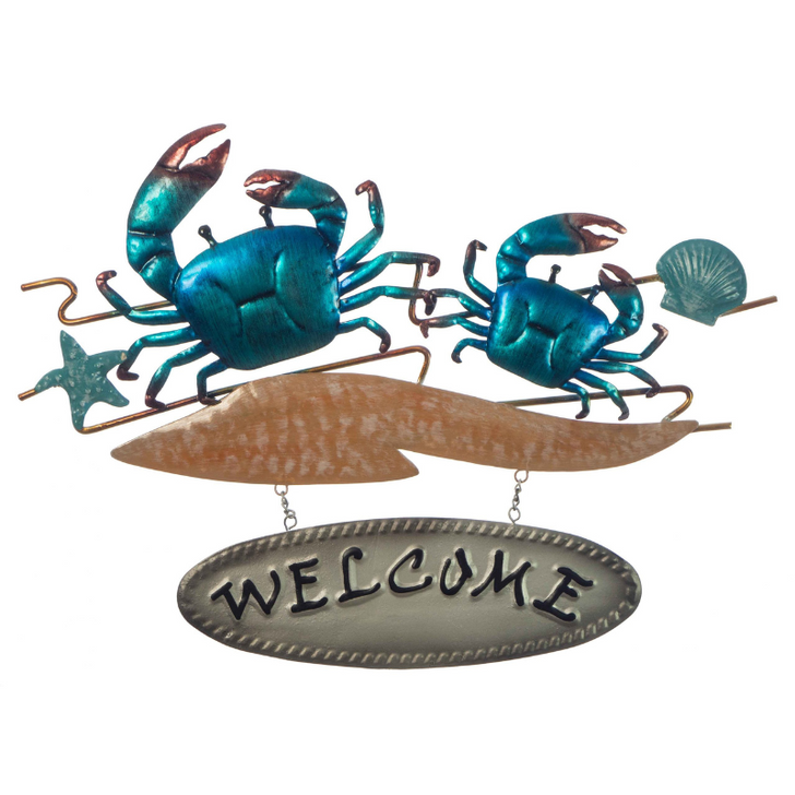 Crab Sand Welcome 40cm Hanging Metal Wall Art