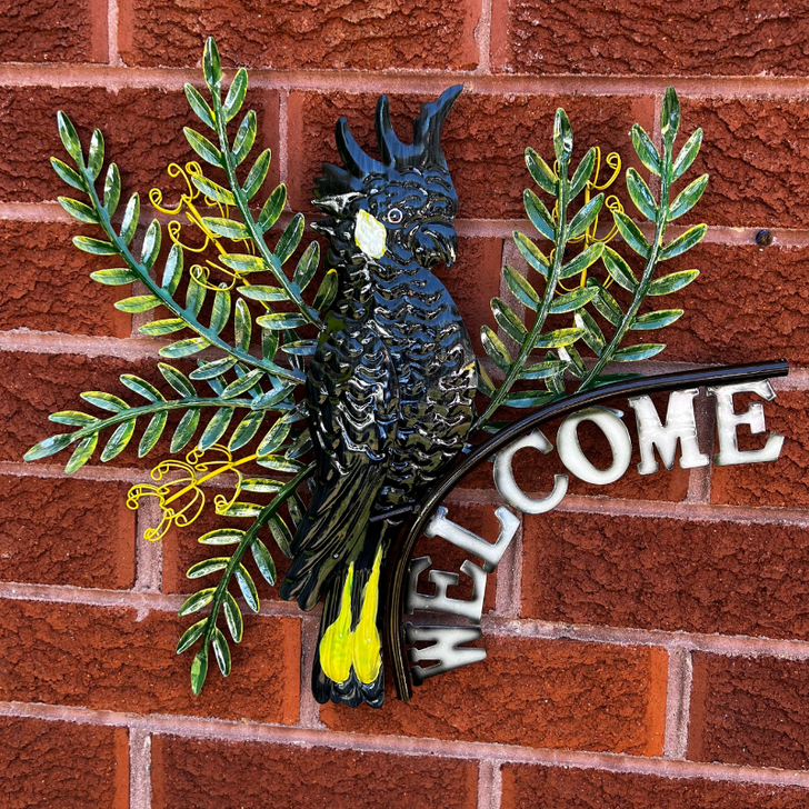 Black Cockatoo Perched On Banksia Welcome 47cm Metal Wall Art