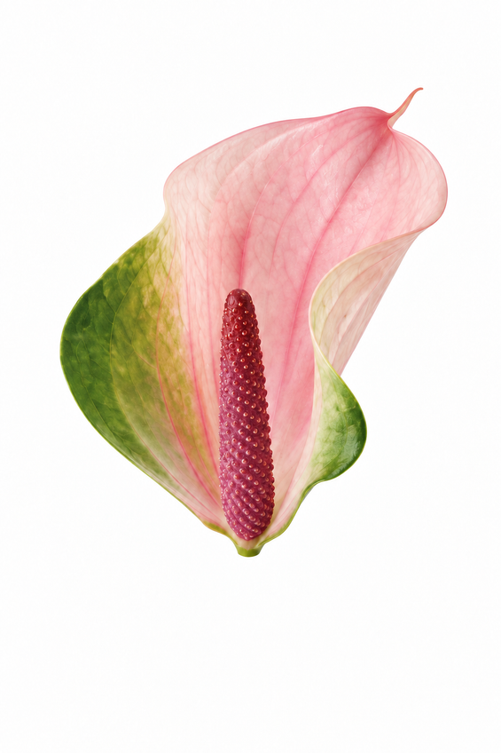Anthurium Alero blush-pink bloom with natural green shading and deep rose-pink spadix on a white background