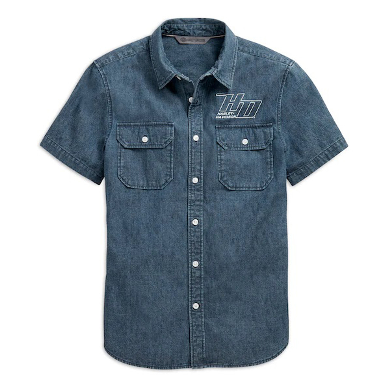 Harley-Davidson® Men's Blue Chambray Slim Fit Button-Up Shirt 98659-20VM