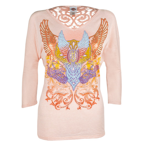 Harley-Davidson® Women's Retro Triple Wings Peach Embellished T-Shirt