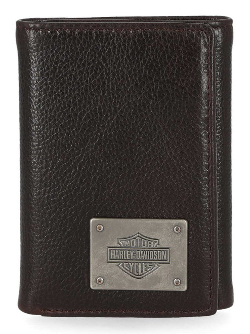 Harley-Davidson® Men's Bar & Shield Plate Tri-Fold Leather Wallet Brown