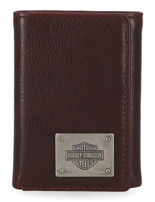 Harley-Davidson® Men's Bar & Shield Plate Tri-Fold Leather Wallet Oxblood Brown