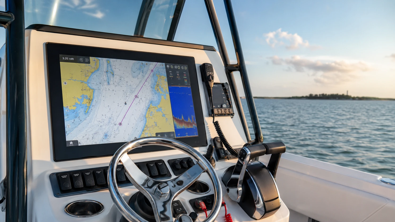 Modern boat helm with marine GPS chartplotter displaying nautical charts and sonar