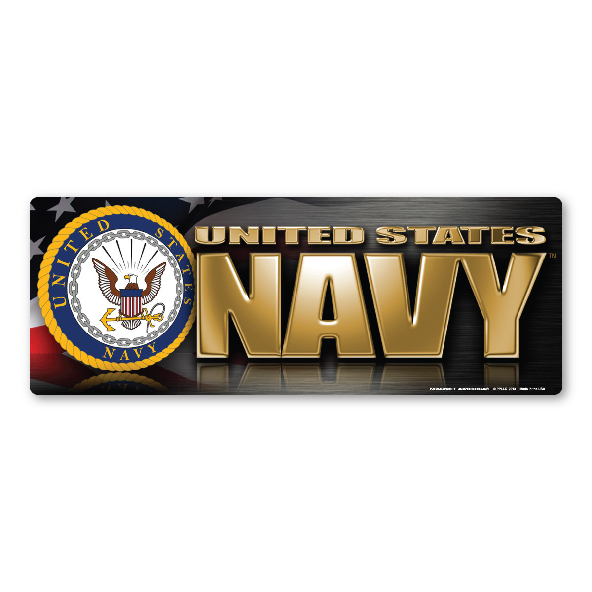 Made In USA Navy Chrome Bumper Strip Magnet (2.88" x 7.75")