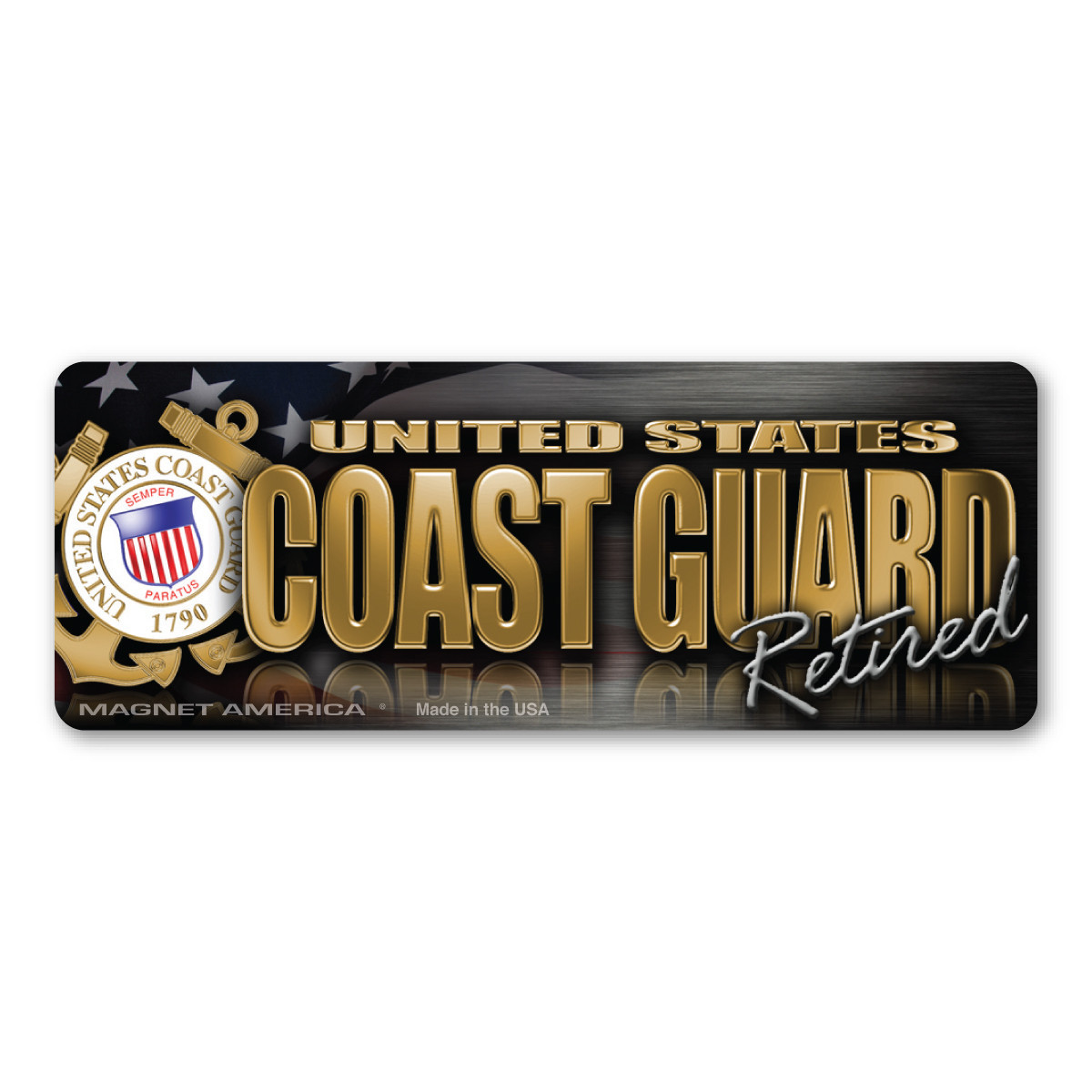 Made In USA Coast Guard Retired Chrome Mini Bumper Strip Magnet (1.5" x 4")