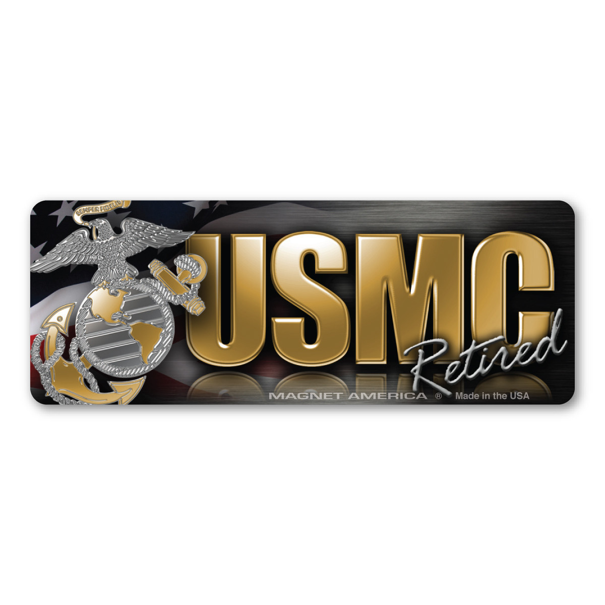 Made In USA USMC Retired Chrome Mini Bumper Strip Magnet (1.5" x 4")