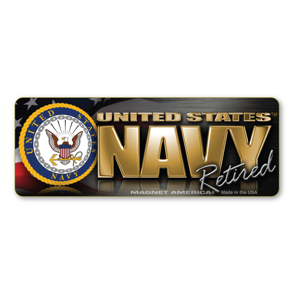 Made In USA Navy Retired Chrome Mini Bumper Strip Magnet (1.5" x 4")