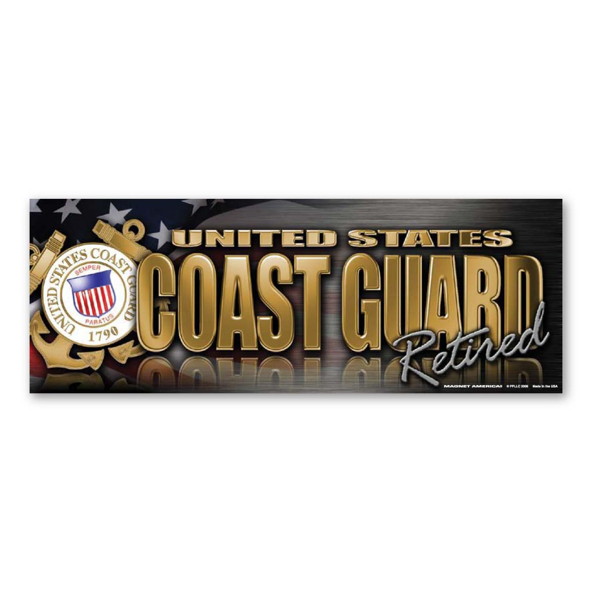 Made In USA Coast Guard Retired Chrome Bumper Strip Magnet (2.88" x 7.75")