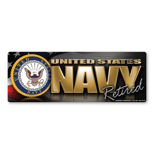 Made In USA Navy Retired Chrome Bumper Strip Magnet (2.88" x 7.75")