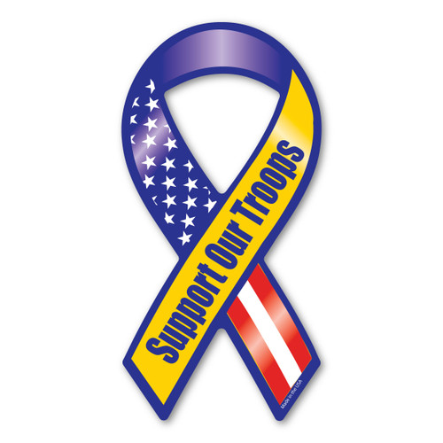 Made In USA Support Our Troops Blue And Yellow Mini Ribbon Magnet (4" x 2")