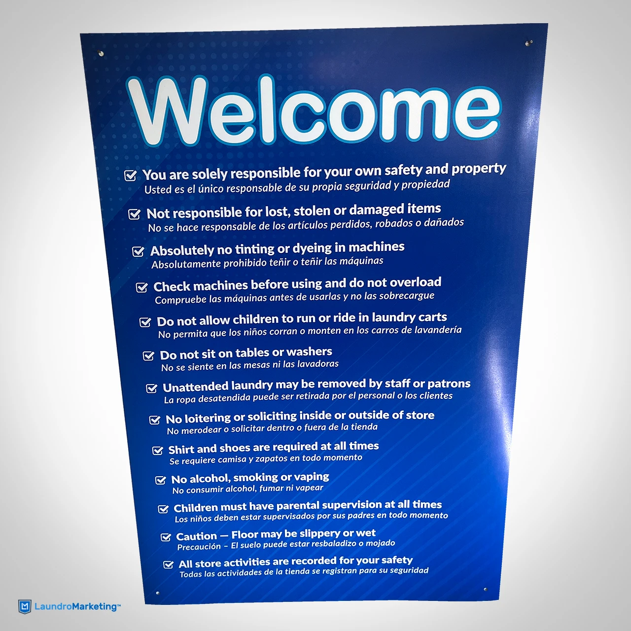 Laundromat English Spanish Rules Polystyrene Sign 24" x 36"