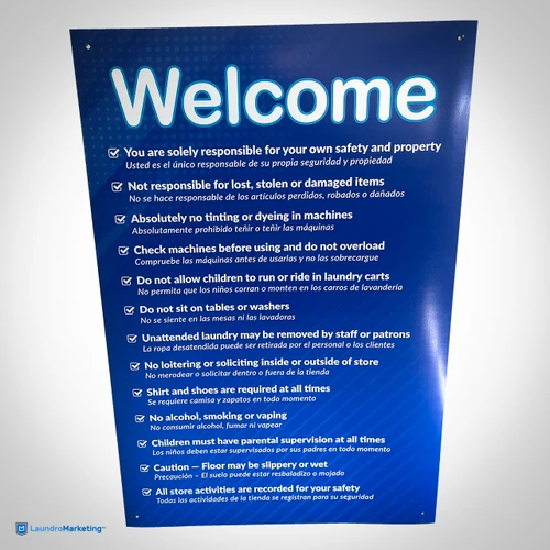 Laundromat English Spanish Rules Polystyrene Sign 24" x 36"