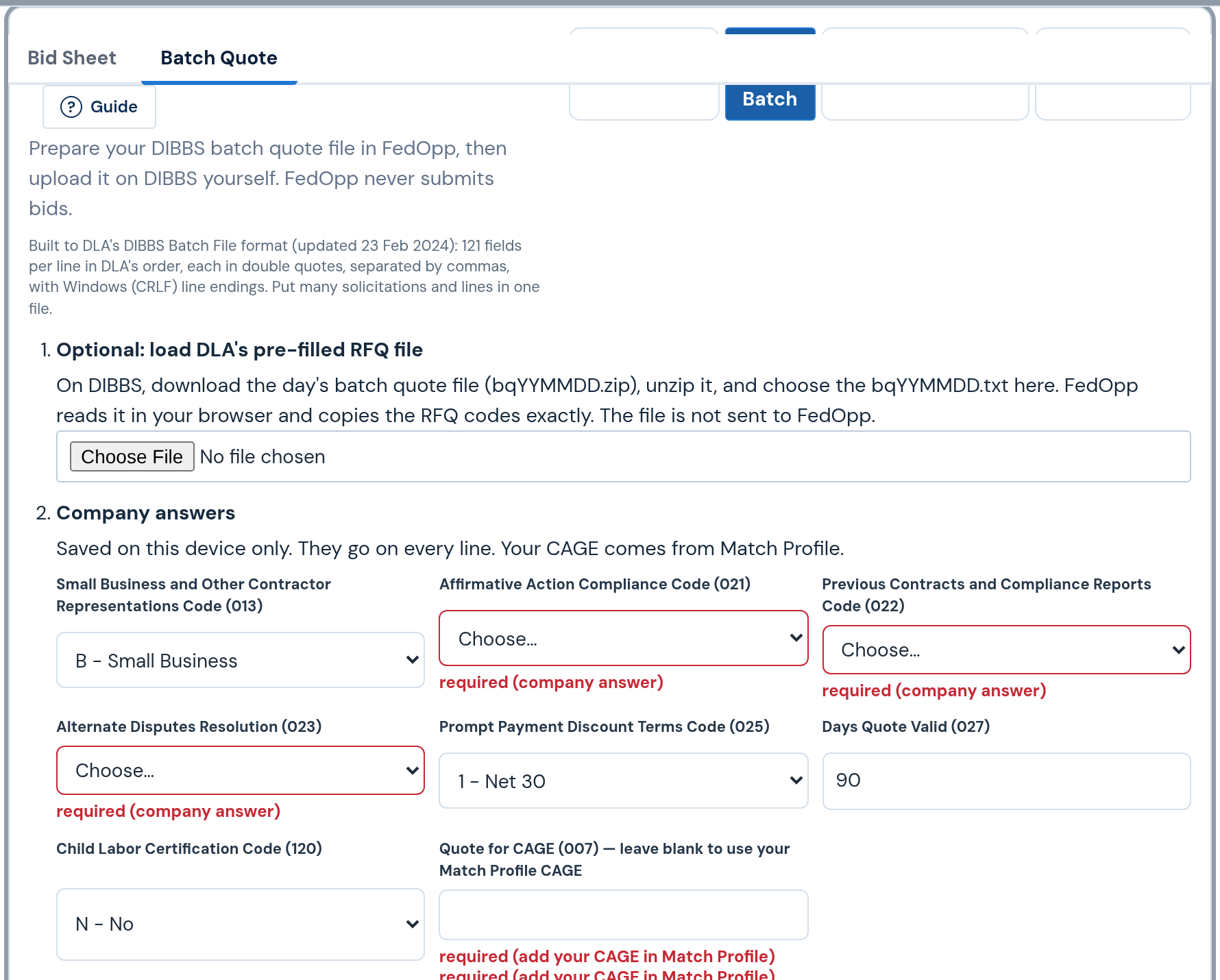 FedOpp batch quote screen that builds a DIBBS quote file for you to upload.