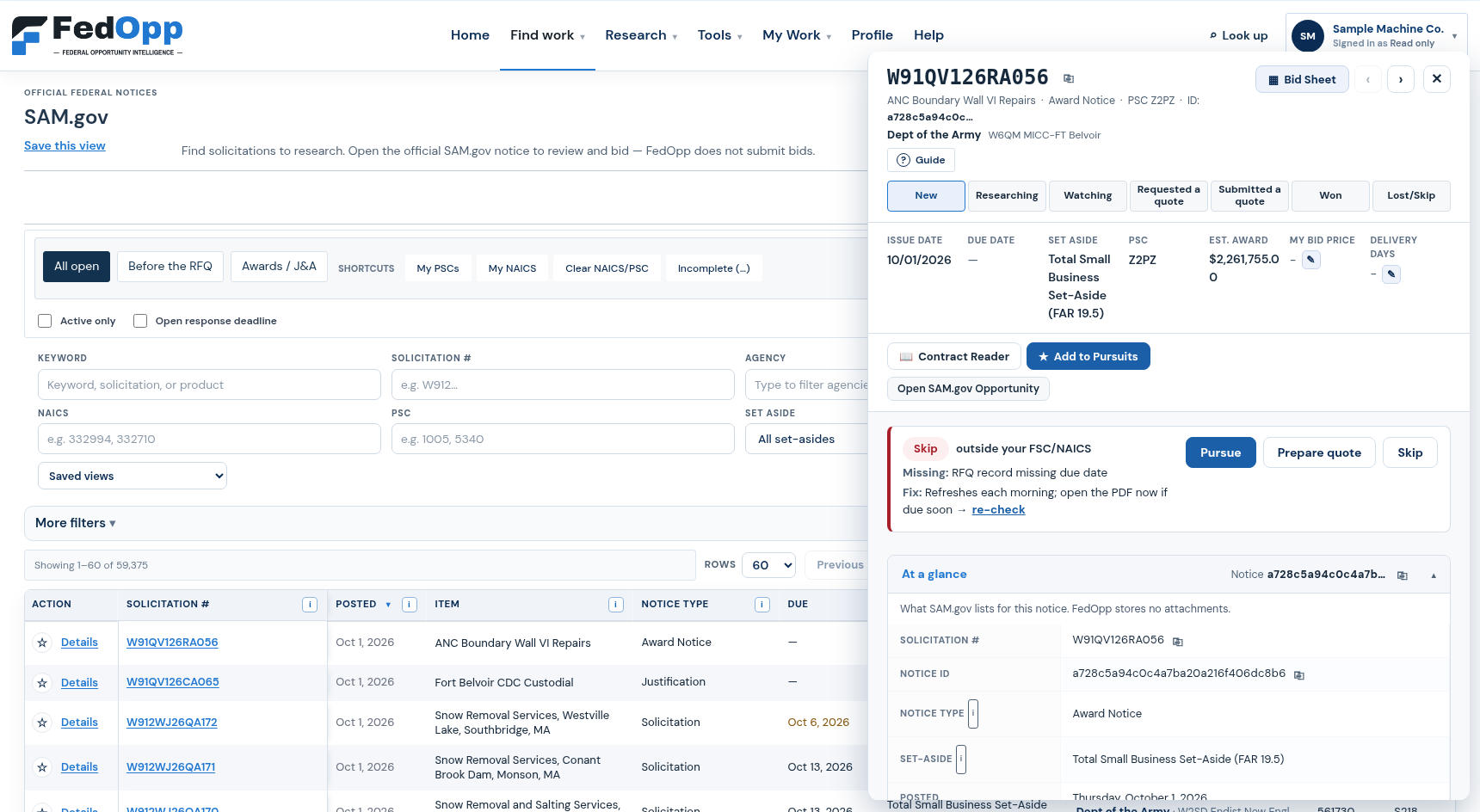 SAM.gov solicitation table with the details window open.