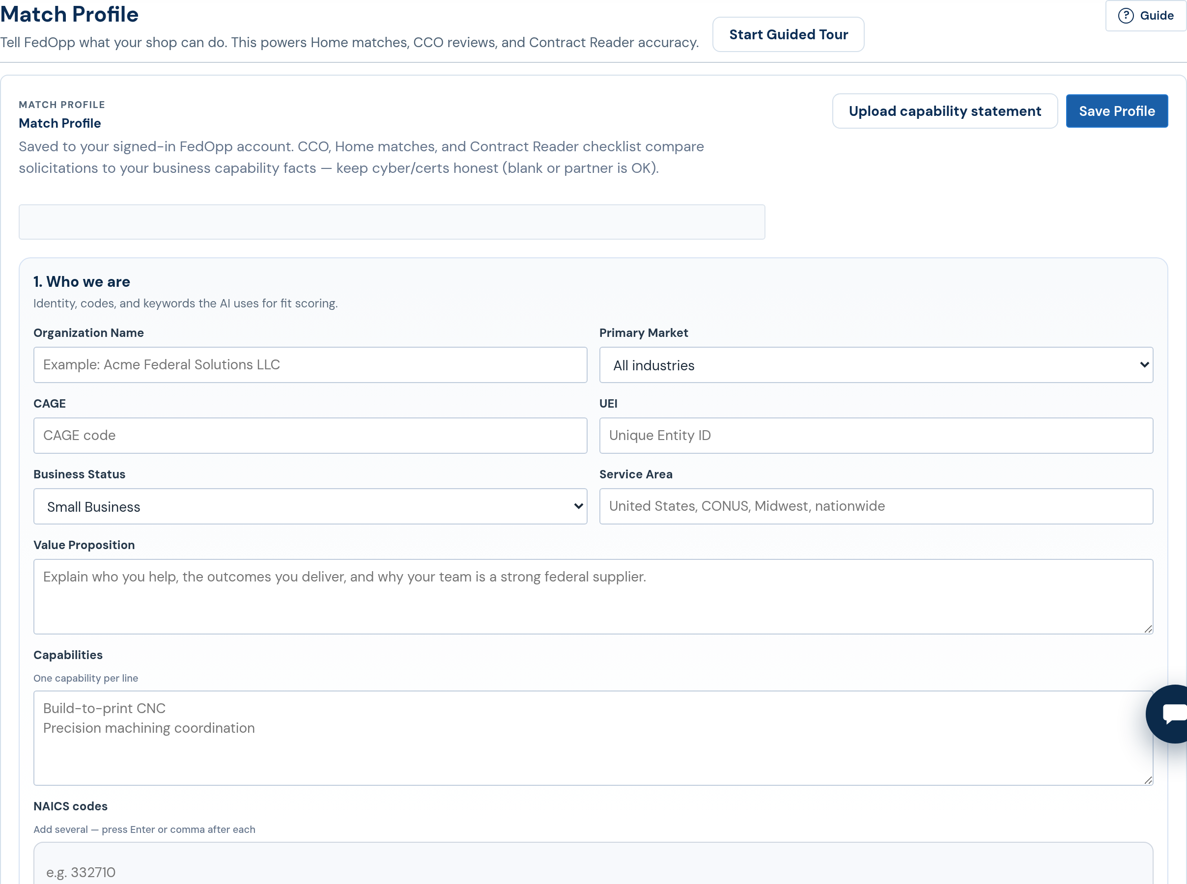 FedOpp Match Profile with small business status, CAGE, NAICS, and capabilities.