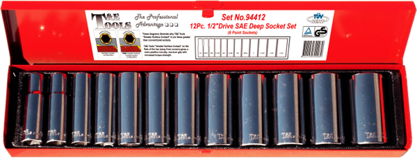 94412 - 12 Piece 1/2" Drive 6 Point Deep SAE Sockets