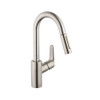 Hansgrohe 04506801 Focus Pull-Down Kitchen Faucet with High-Arc Spout, Magnetic Docking and Toggle Spray Diverter in Steel Optic