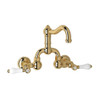 Wall Mount Bridge Lavatory Faucet with Porcelain Levers Pop-Up and Column Spout in Italian Brass