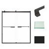Frameless bypass shower door in matte black frame finish with smooth clear glass texture and rustic Justin handles 60-in W x 70-in H