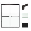 Frameless bypass shower door in matte black frame finish with frosted glass texture and classic Sabrina handles 60-in W x 80-in H
