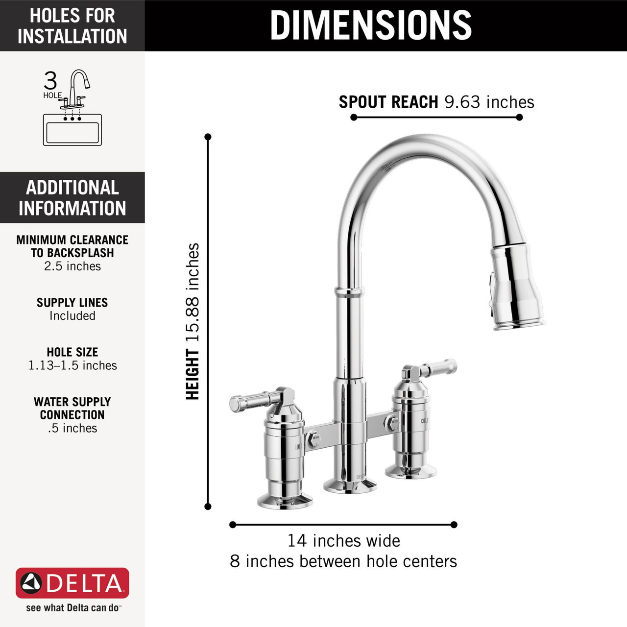 Delta 2390L-DST Broderick Two Handle Pull Down Bridge Kitchen Faucet, Chrome