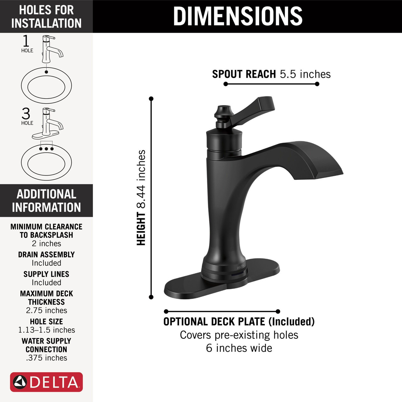 Delta 556T-BL-DST Dorval Single Handle Touch20 Bathroom Faucet, Matte Black