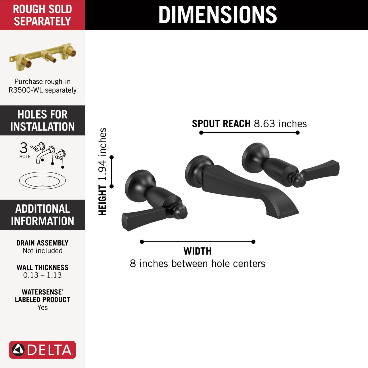 Delta T3556LF-BLWL Dorval Two Handle Wall Mount Bathroom Faucet Trim Only, Matte Black