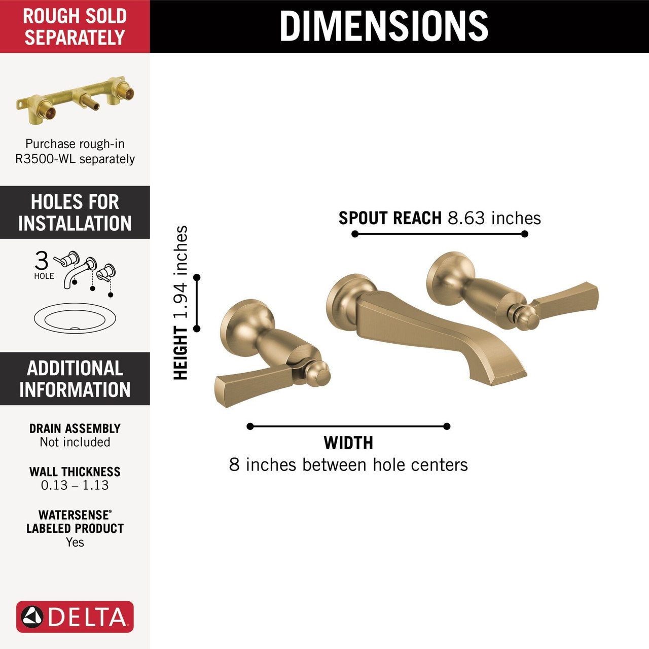 Delta T3556LF-CZWL Dorval Two Handle Wall Mount Bathroom Faucet Trim Only, Champagne Bronze
