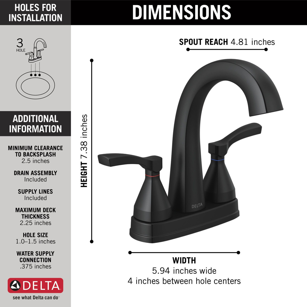 Delta 25775-BLMPU-DST Stryke Two Handle Centerset Bathroom Faucet, Matte Black