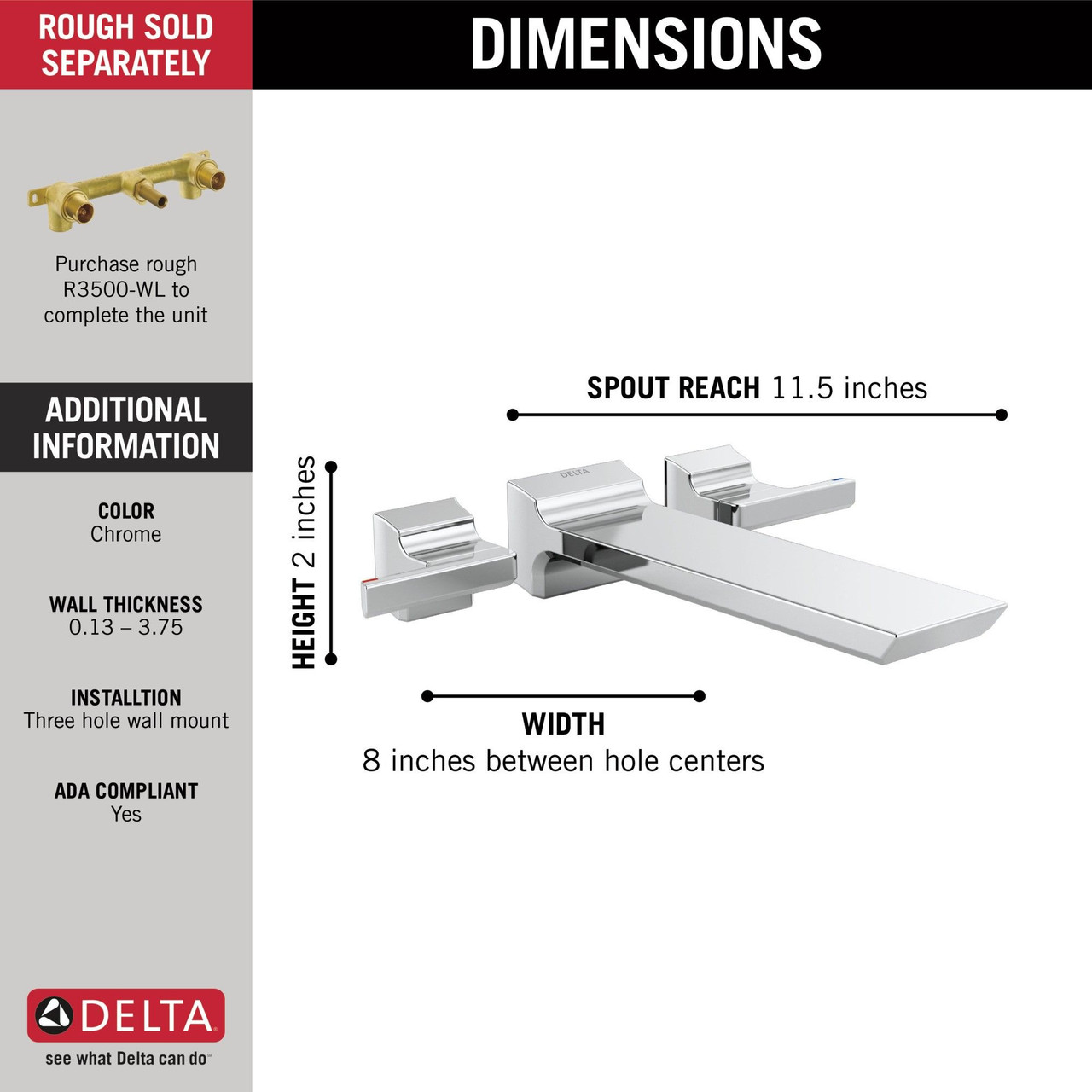 Delta T5799-PR-WL Pivotal Delta Pivotal Wall Mount Tub Filler Trim, Lumicoat Chrome